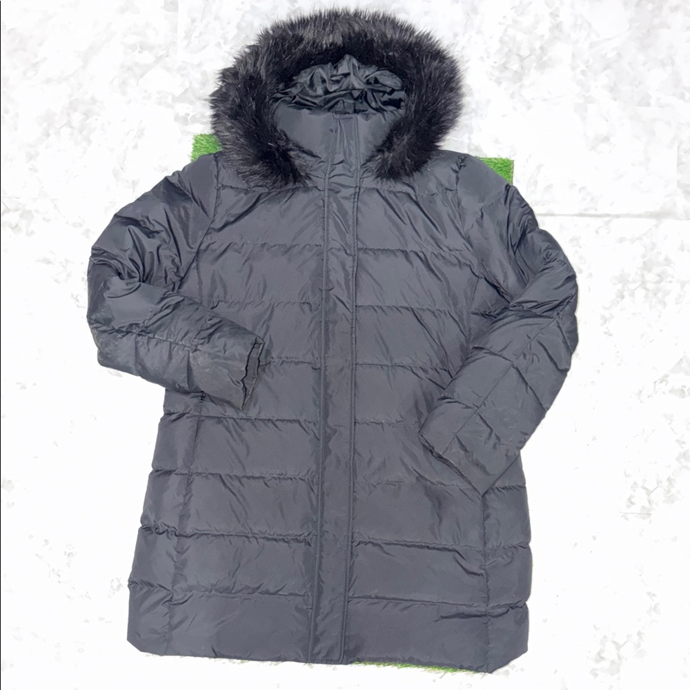 Lands' End Women's Black Puffer Coat with Faux Fur Hood